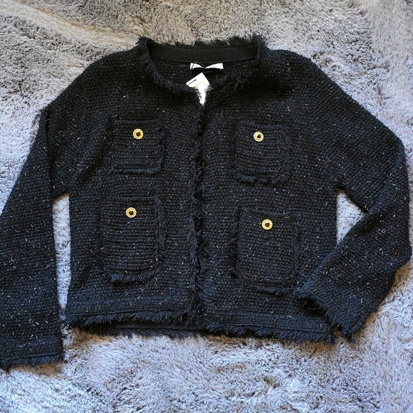 Zara Black Metallic Tweed Thread Knit Cardigan Lady Preppy Jacket